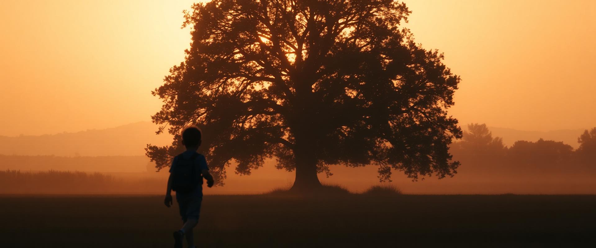 Child walking toward a tree at sunrise